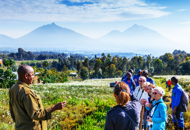 A group of tourists and gide climbing up the slopes to Gorillas