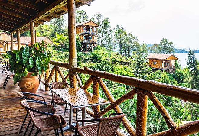 Cormoran Lodge hotel, scenic spectacular view on Lake Kivu, ecologycal style restaurant