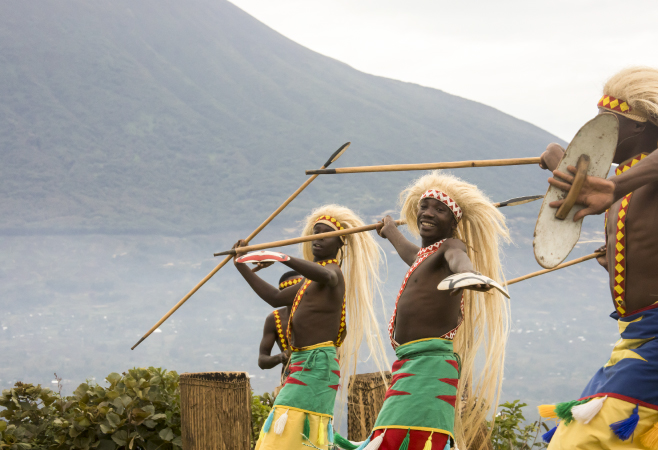 Dancers in Rwanda native dance troop, Virunga, Africa