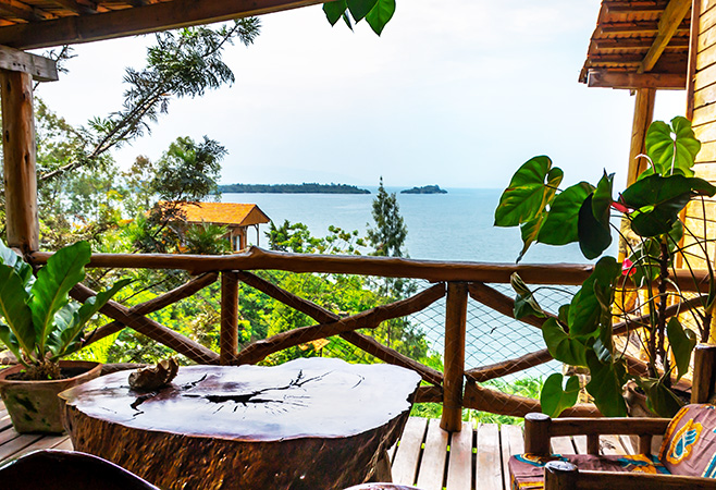 Cormoran Lodge hotel, scenic spectacular view on Lake Kivu, ecologycal style