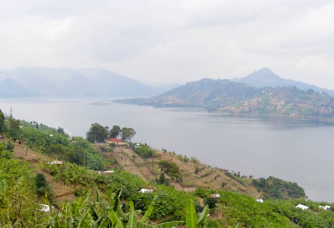Lake Ruhondo, the other of the Twin Lakes, on a cloudy day during the rainy season in Rwanda
