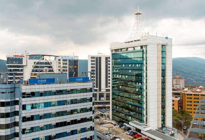 Grand Pension Plaza, M Peace Plaza, and other buildings in downtown Kigali