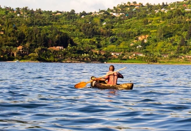 Paddling a Dugout Canoe on Lake Kivu, Rwanda