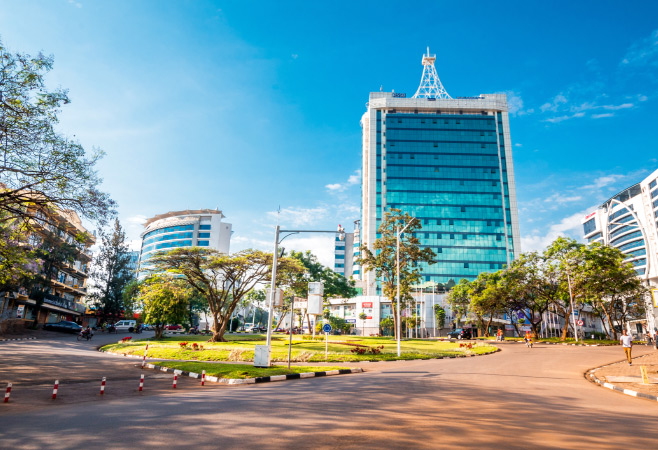 Pension Plaza and surrounding buildings at the city centre roundabout