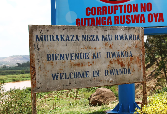 The welcome to Rwanda sign at the border crossing into Rwanda from Tanzania at Rusumo
