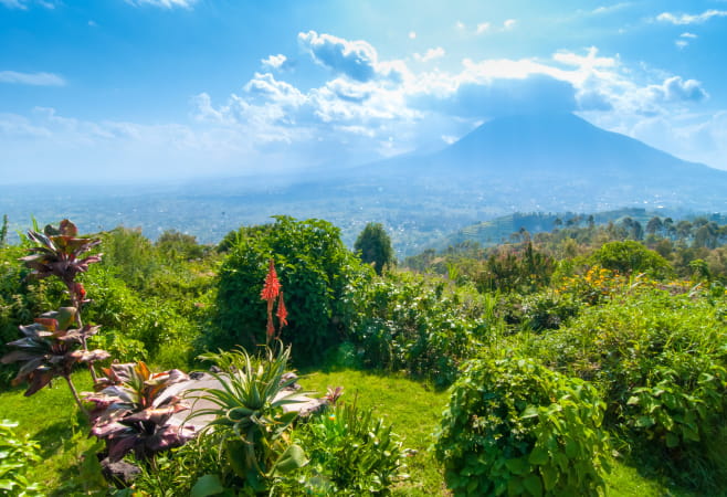 View of mount Sabyinyo, one of the volcanoes in the Volcanoes National Park in Rwanda